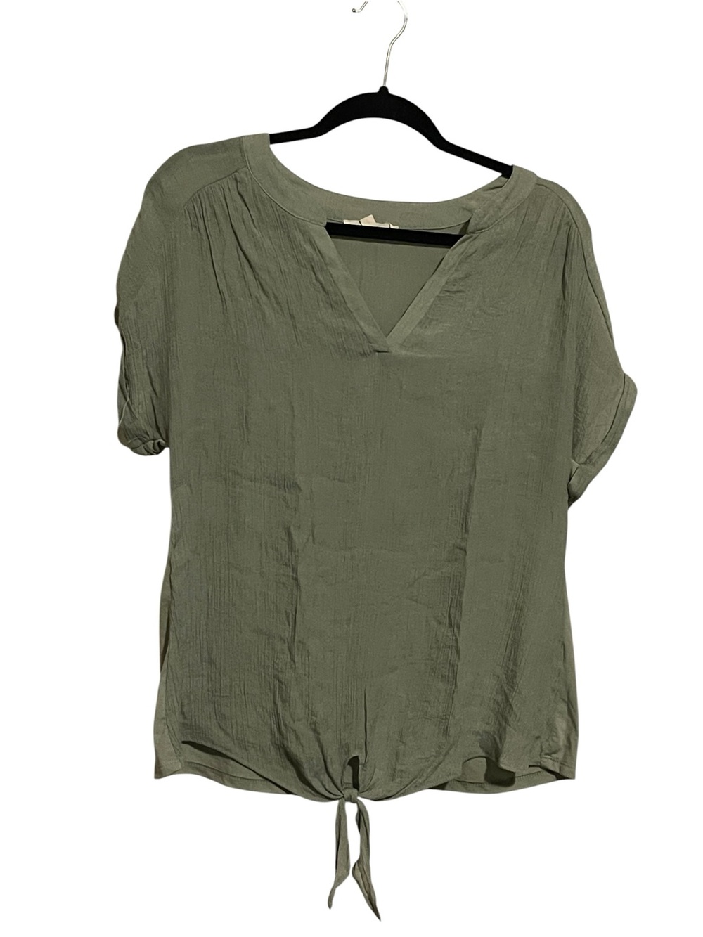 Relaxed V-Neck Tie-Hem Blouse - Olive Green